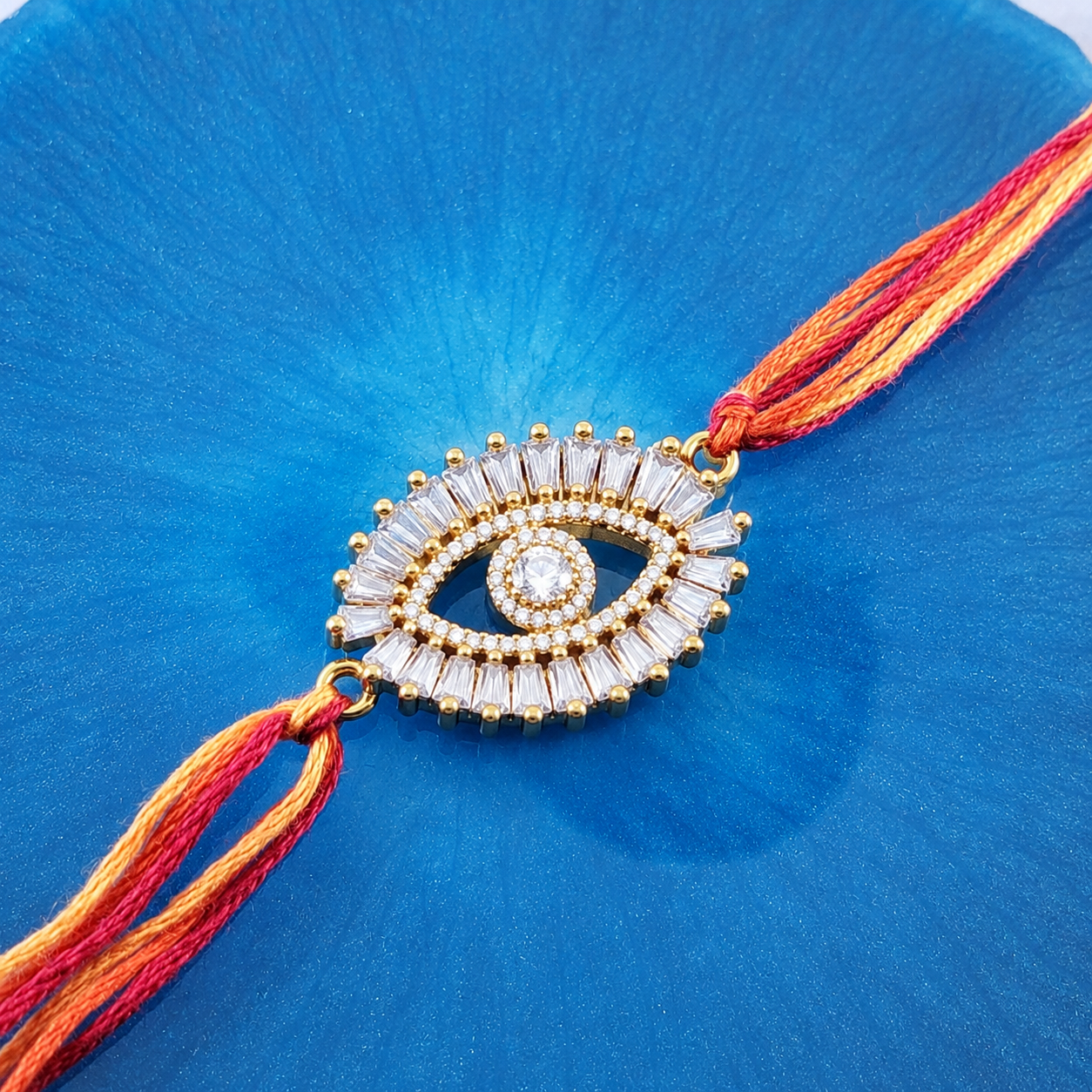 Premium Evil Eye Gold Plated CZ Red Orange Thread Rakhi For Men Bulk