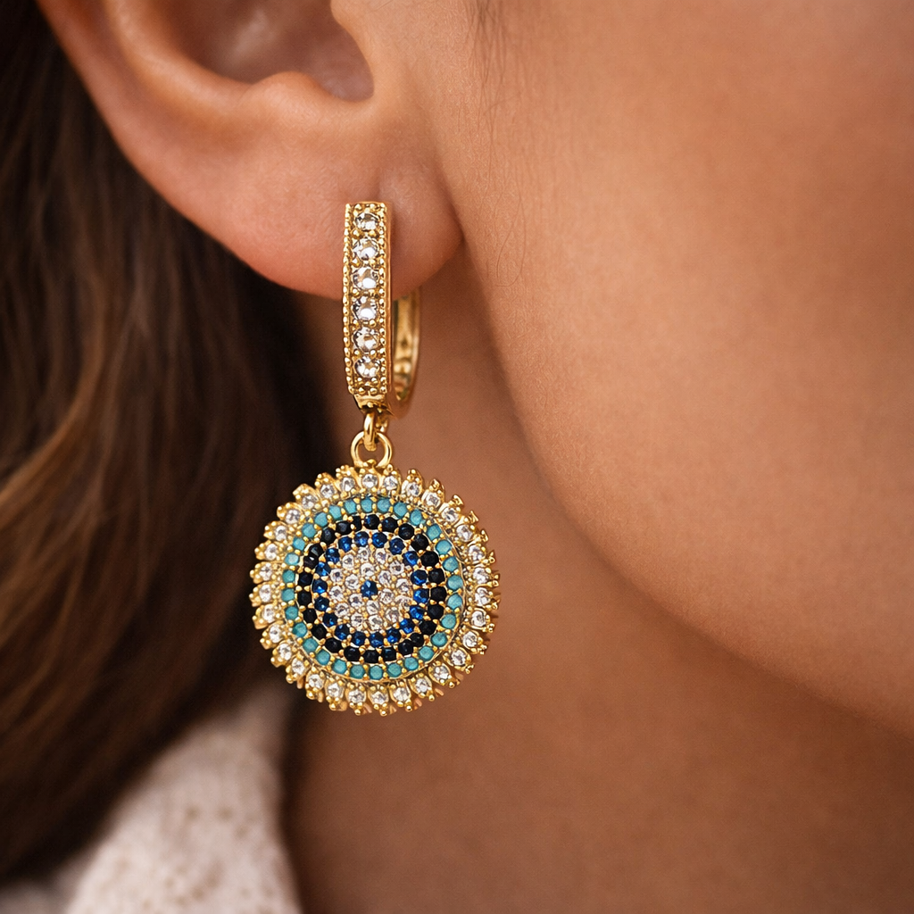 Bulk White Blue Black Evil Eye Gold CZ Anti Tarnish Copper Hoop Earrings Secondary image