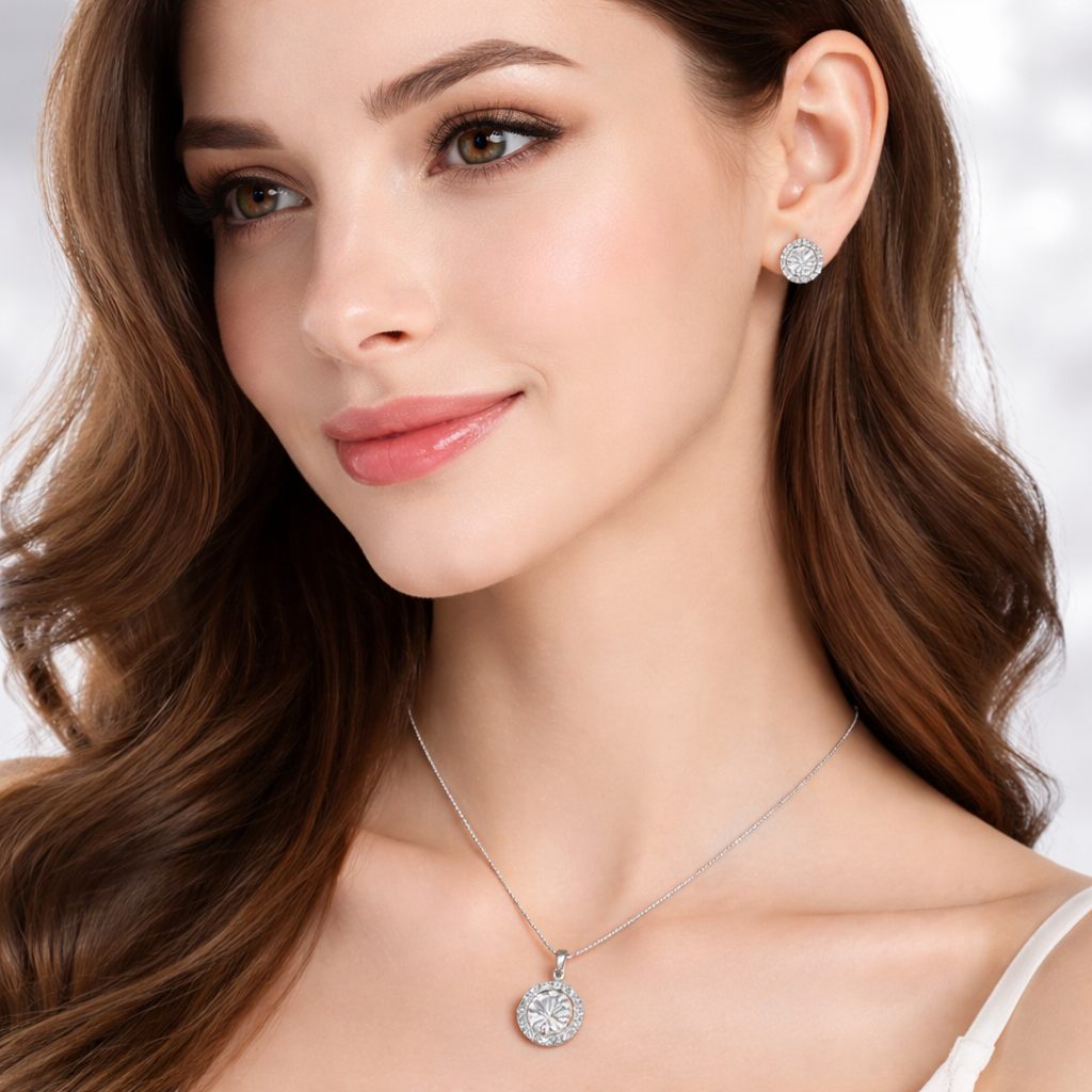 Luxury Round Halo Rose Silver Gold CZ Copper Necklace Earring Set Bulk Main image