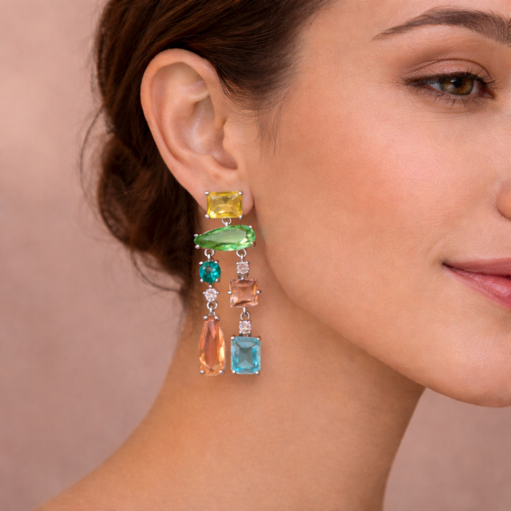 Bulk Multi Color Various Shapes Stylish Silver CZ Copper Dangler Earrings