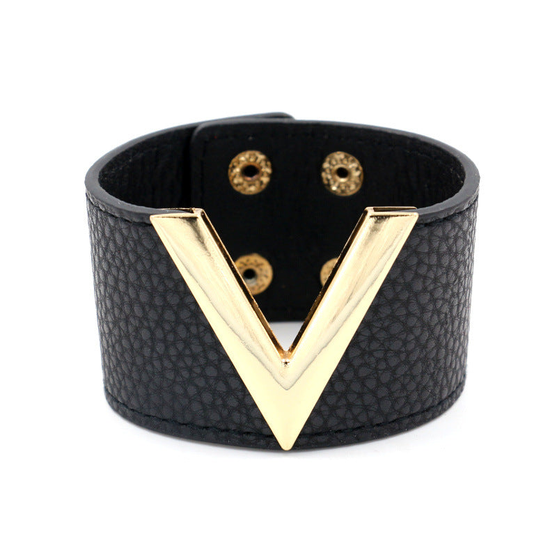 V Shape Black White Red 18K Gold Pu Leather Wrist Band Bracelet Bulk