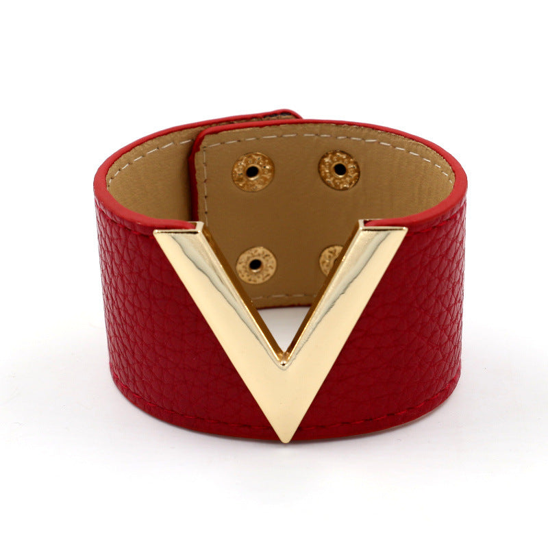V Shape Black White Red 18K Gold Pu Leather Wrist Band Bracelet Bulk