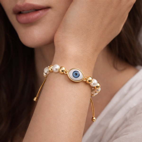 Bulk White Evil Eye Oval Charm Gold Beads Stainless Steel Bracelet Secondary image