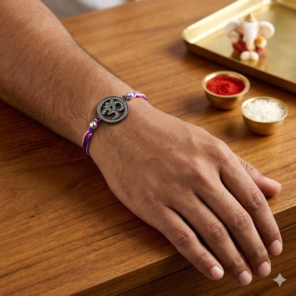 Om Symbol Rakh Black CZ White Blue Pink Thread Rakhi For Men Wholesale