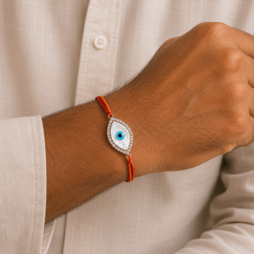 Oval Evil Eye Rose Gold CZ Mother of Pearl Red Orange Thread Rakhi Bulk