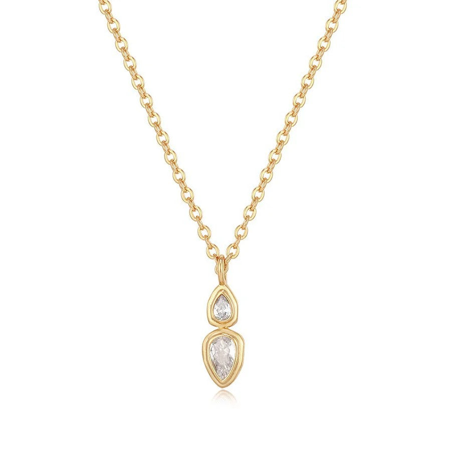Dual Drop Solitaire CZ Gold Anti Tarnish Necklace Pendant Chain Bulk Main image