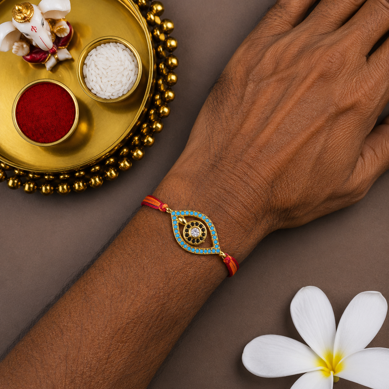 Designer Evil Eye Gold Plated Blue Black CZ Red Orange Thread Rakhi For Men