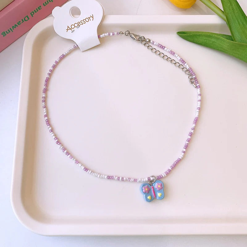 Blue Butterfly White Grey Beaded Silver Charm Necklace Women Kids Bulk