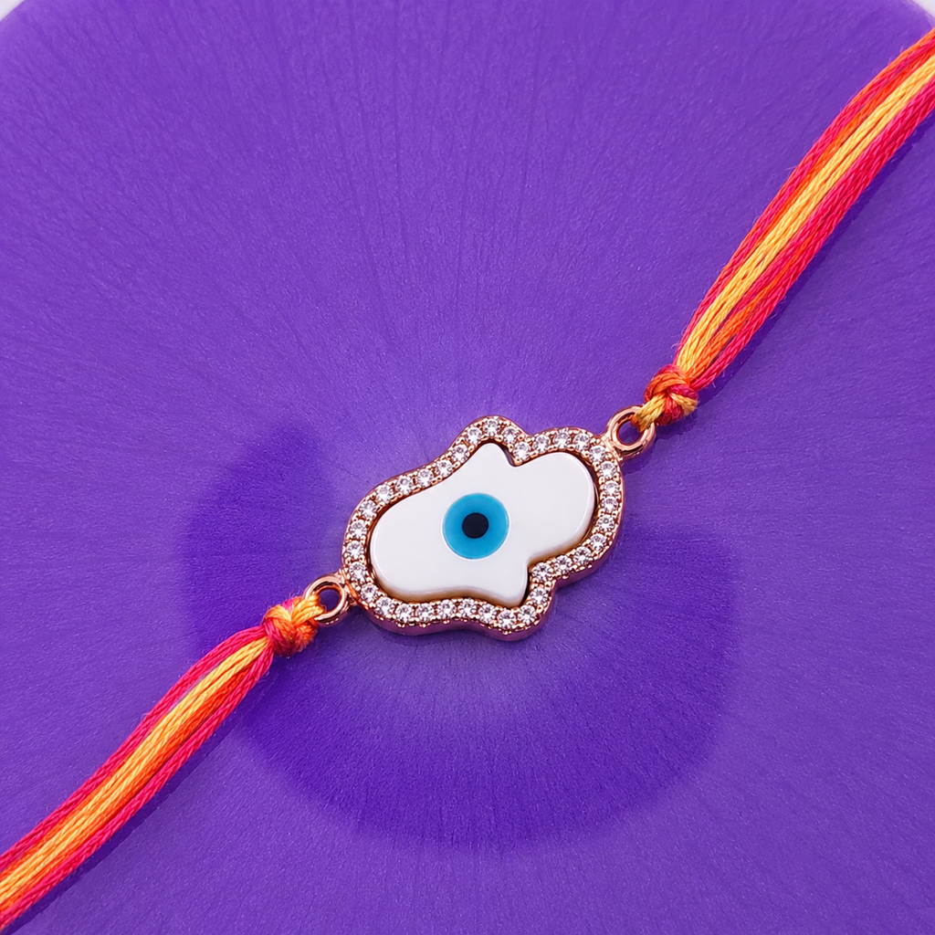 Floral Evil Eye Rose Gold Plated CZ Mother of Pearl Thread Rakhi Bulk