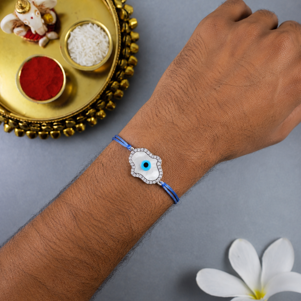Cloud Shape Evil Eye Silver Plated CZ Mother of Pearl Thread Rakhi Bulk