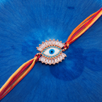 White Evil Eye Rose Gold Plated CZ Red Orange Thread Rakhi For Men Bulk