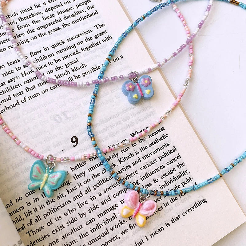 Blue Butterfly White Grey Beaded Silver Charm Necklace Women Kids Bulk