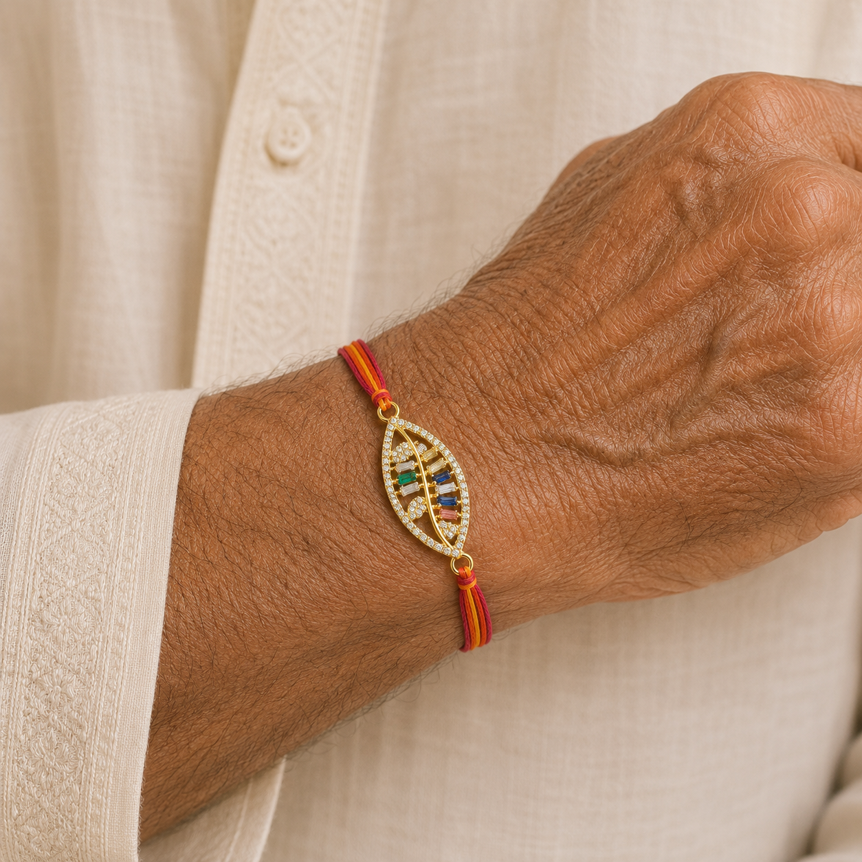 Designer Leaf Style Gold Plated CZ Red Orange Thread Rakhi For Men Bulk Main image