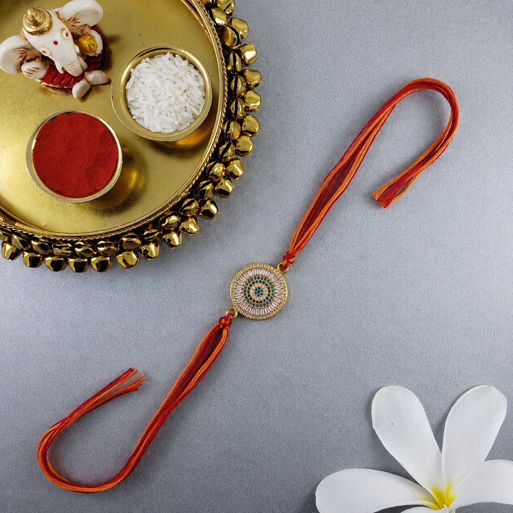 Blue Round Evil Eye Gold Plated CZ Red Orange Thread Rakhi For Men Bulk