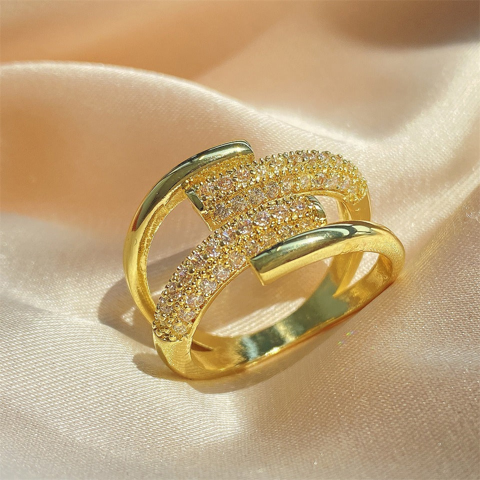 Cross Over CZ 18K Gold Plated Silver Anti Tarnish Free Size Ring Bulk