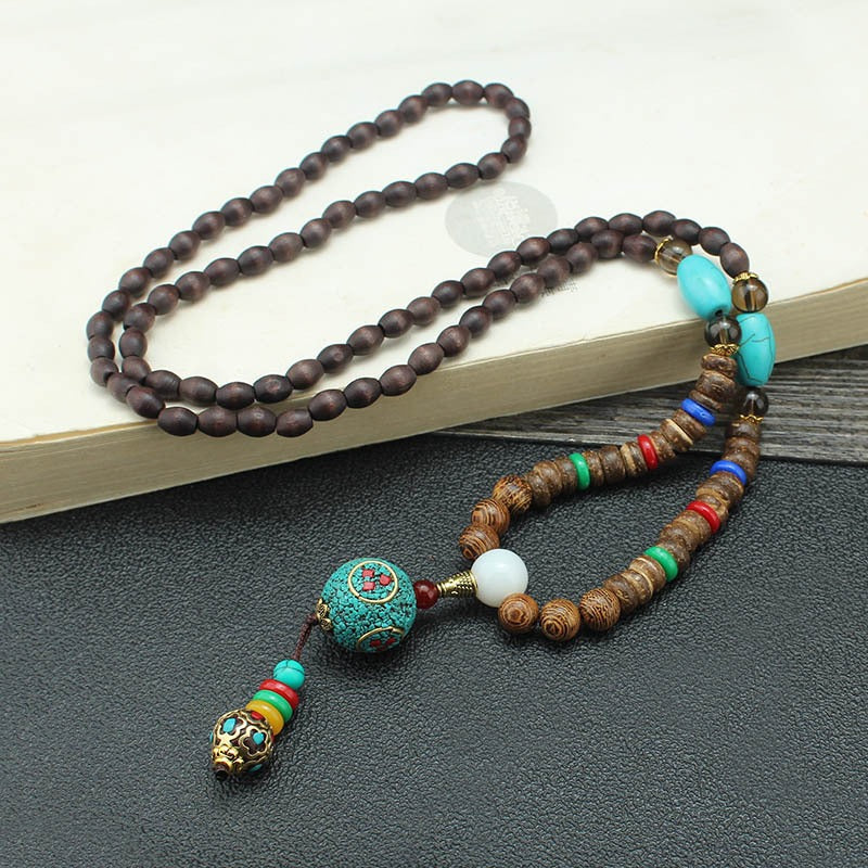 Round Beads Wooden Brown Resin Long Necklace For Women Bulk