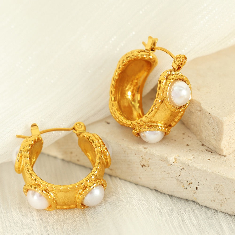18K Gold Plated White Pearl Stainless Steel Hook Earrings Women Bulk Main image