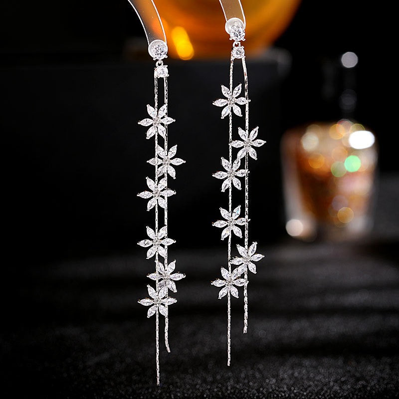 Floral Gold Silver CZ Anti Tarnish Long Dangler Tassel Earrings Bulk