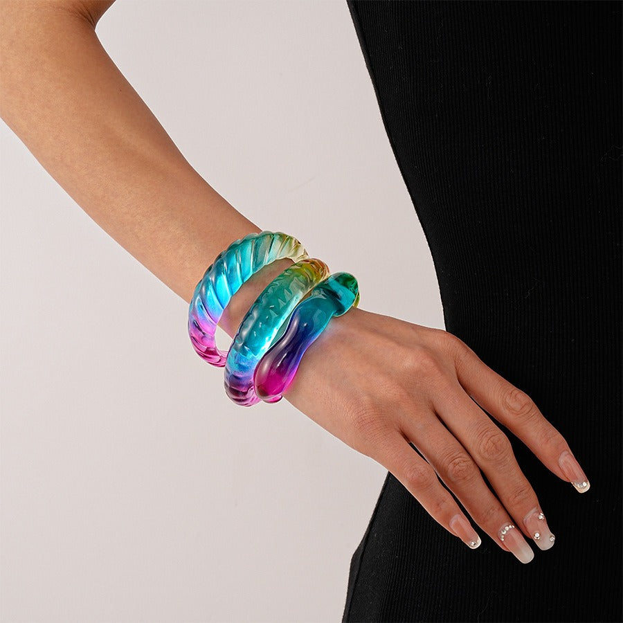 Beaten Surface Acrylic Rainbow Transparent Cuff Bracelet Women Bulk