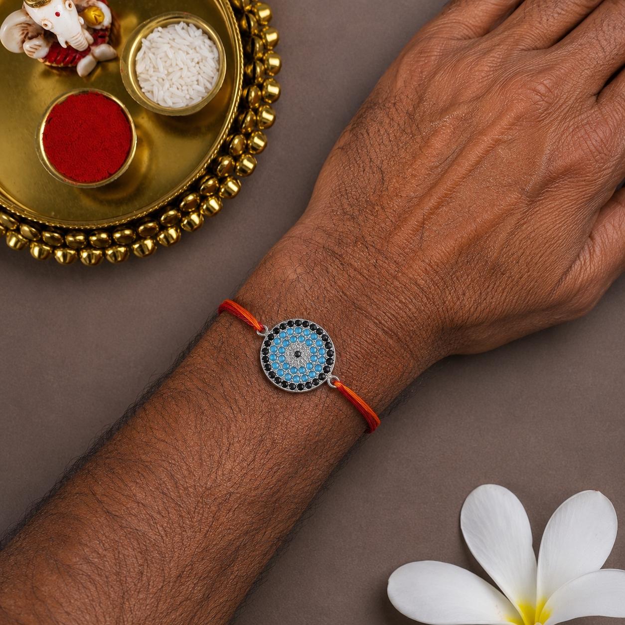 Round Evil Eye Silver Plated CZ Red Orange Thread Rakhi For Men Bulk Main image