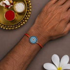 Round Evil Eye Silver Plated CZ Red Orange Thread Rakhi For Men Bulk