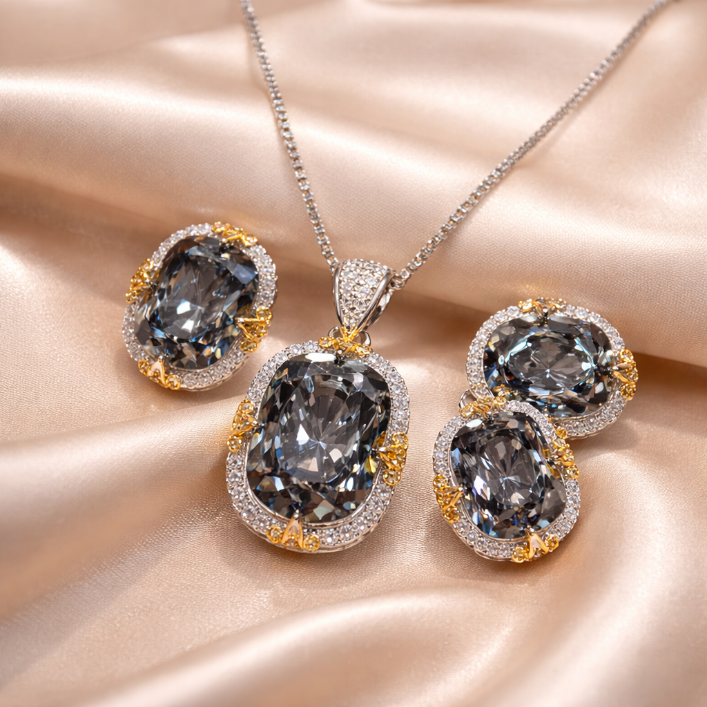 Black Classic Oval Gold Silver Plated CZ Copper Necklace Combo Set Bulk
