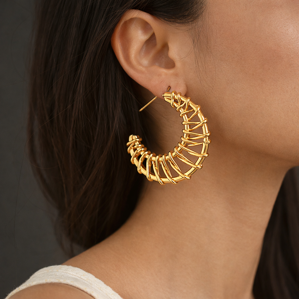 Designer Cage Wrap Gold Silver Anti Tarnish Copper Hoop Earrings Bulk