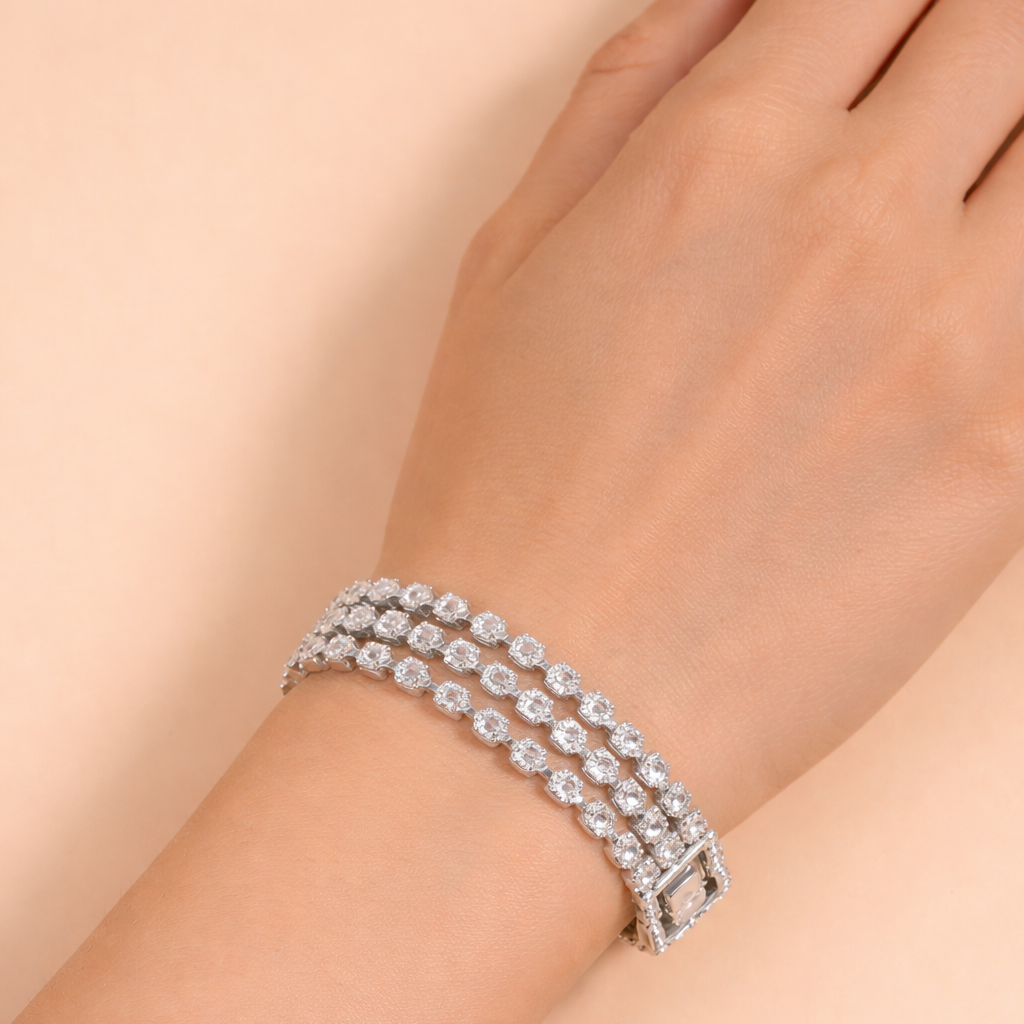 Wholesale Triple Row Star Line Round Cut Gold Silver CZ Copper Bracelet