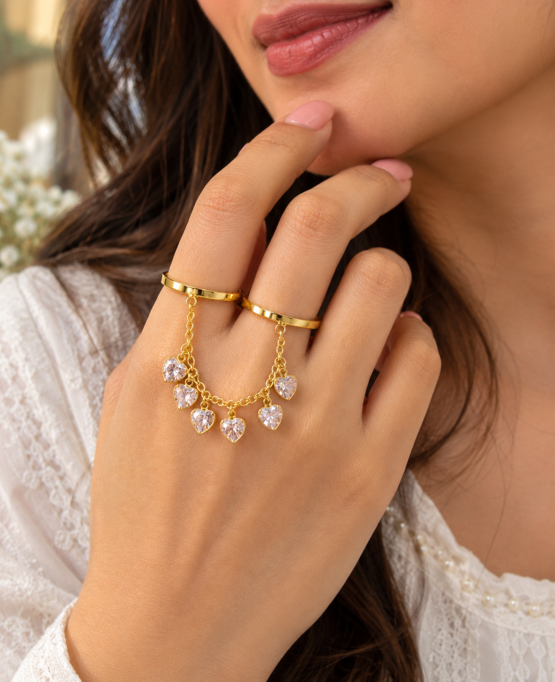 Designer Multi Finger Gold Plated CZ Heart Chain Adjustable Ring Bulk