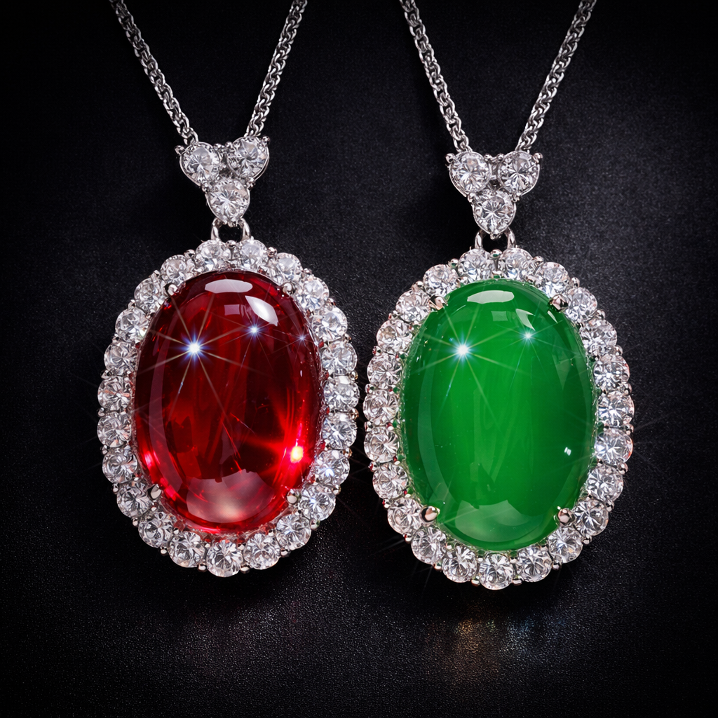 Red Green Classic Oval Cabochon Silver CZ Copper Pendant Chain Bulk