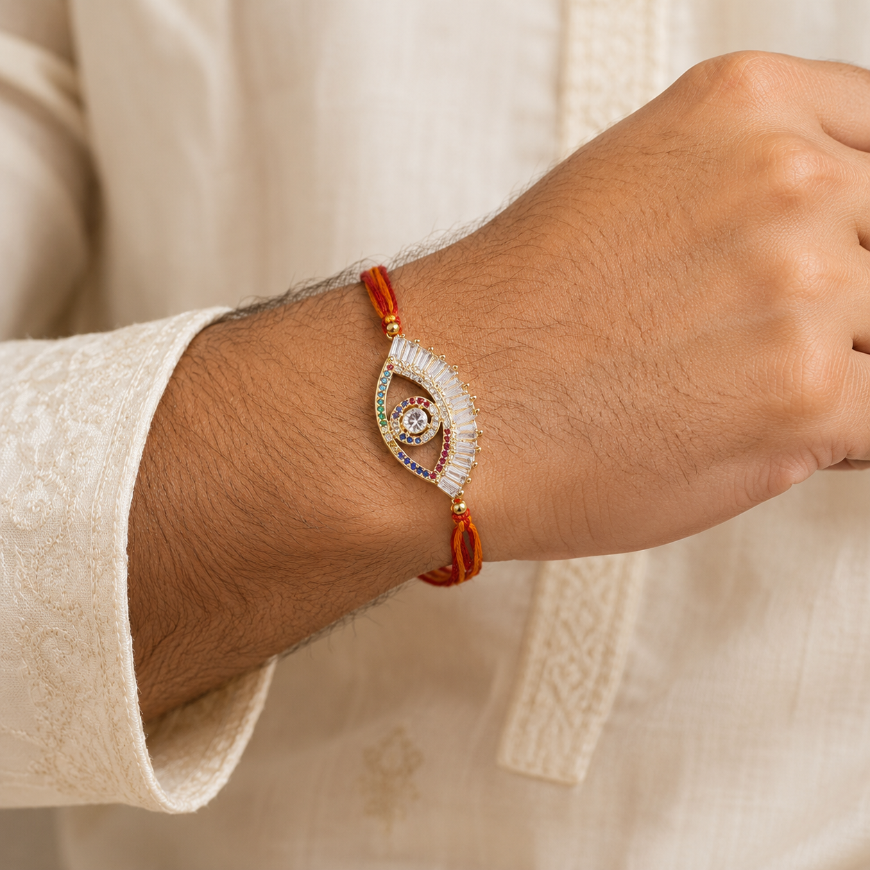 Multi Color Evil Eye Gold Plated CZ Red Orange Thread Rakhi For Men Bulk Main image