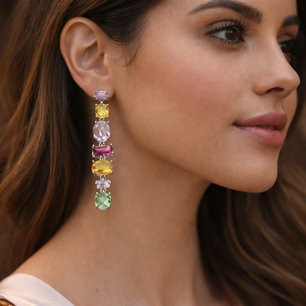 Bulk Multi Color Stone Vertical Bar Gold CZ Copper Dangler Earrings Secondary image