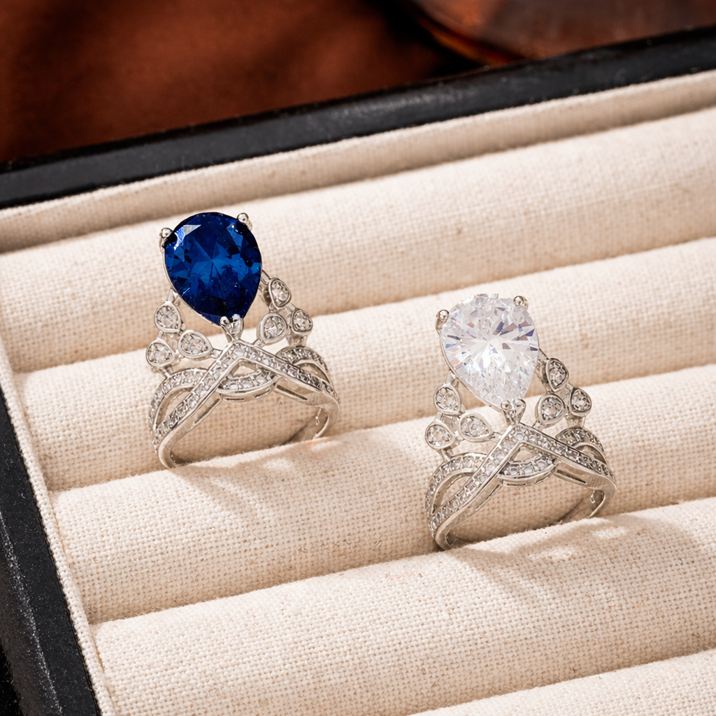 Bulk White Blue Drop Silver Plated CZ Copper Adjustable Cocktail Ring Main image