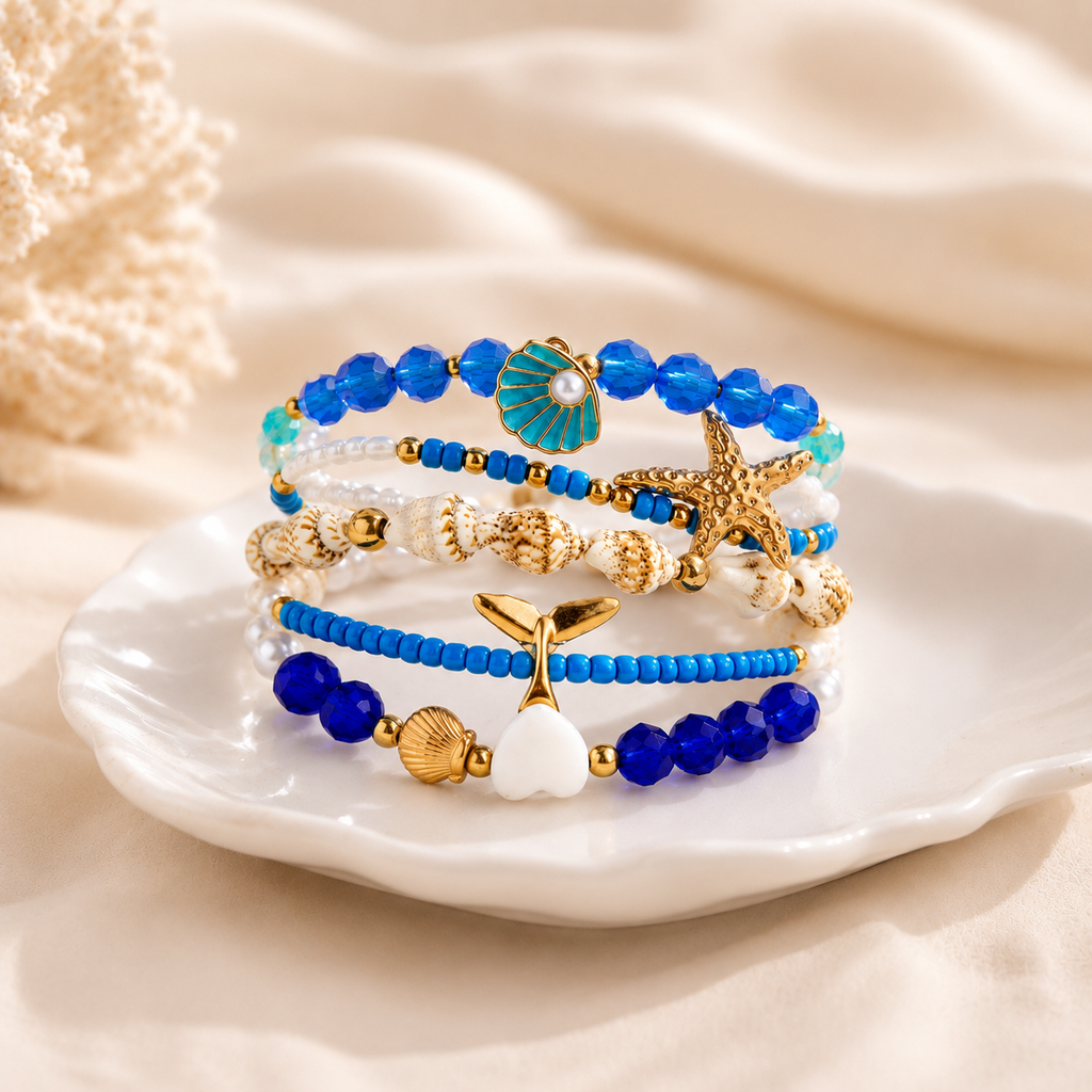 Designer Marine Theme Blue Crystal Gold Plated Pearl Beads Bracelet Bulk