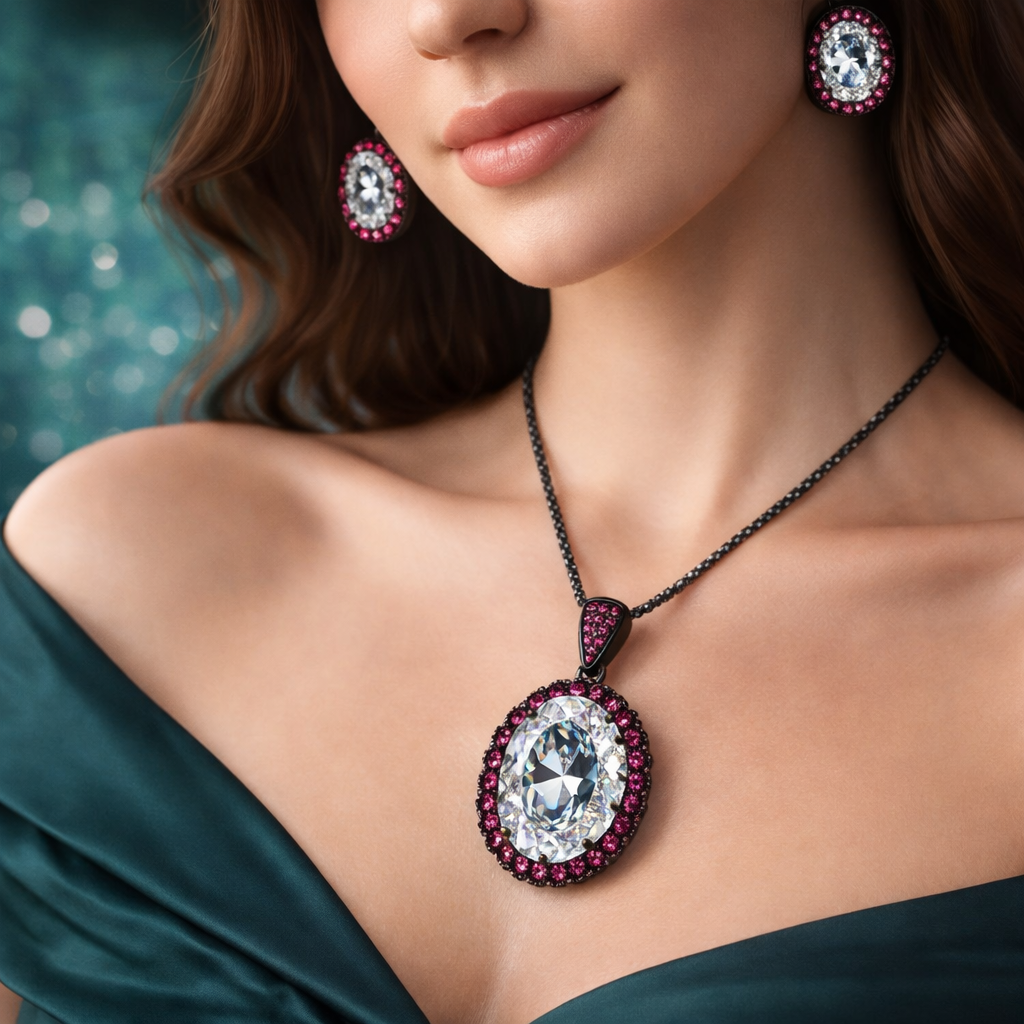 Elegant Oval Cluster Black CZ Copper Necklace Combo Set Wholesale