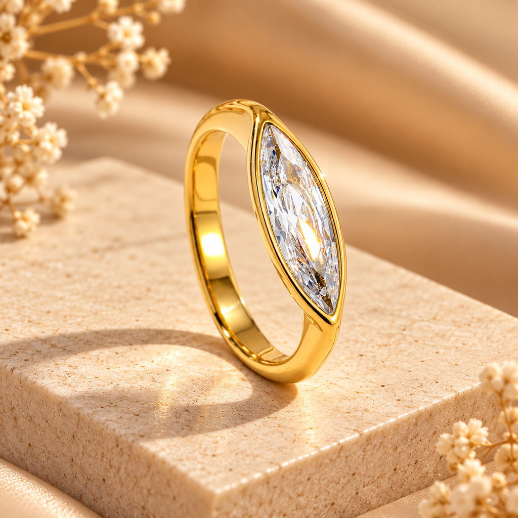 Marquise Cut Gold Plated Rhinestone Stainless Steel Fancy Ring Bulk