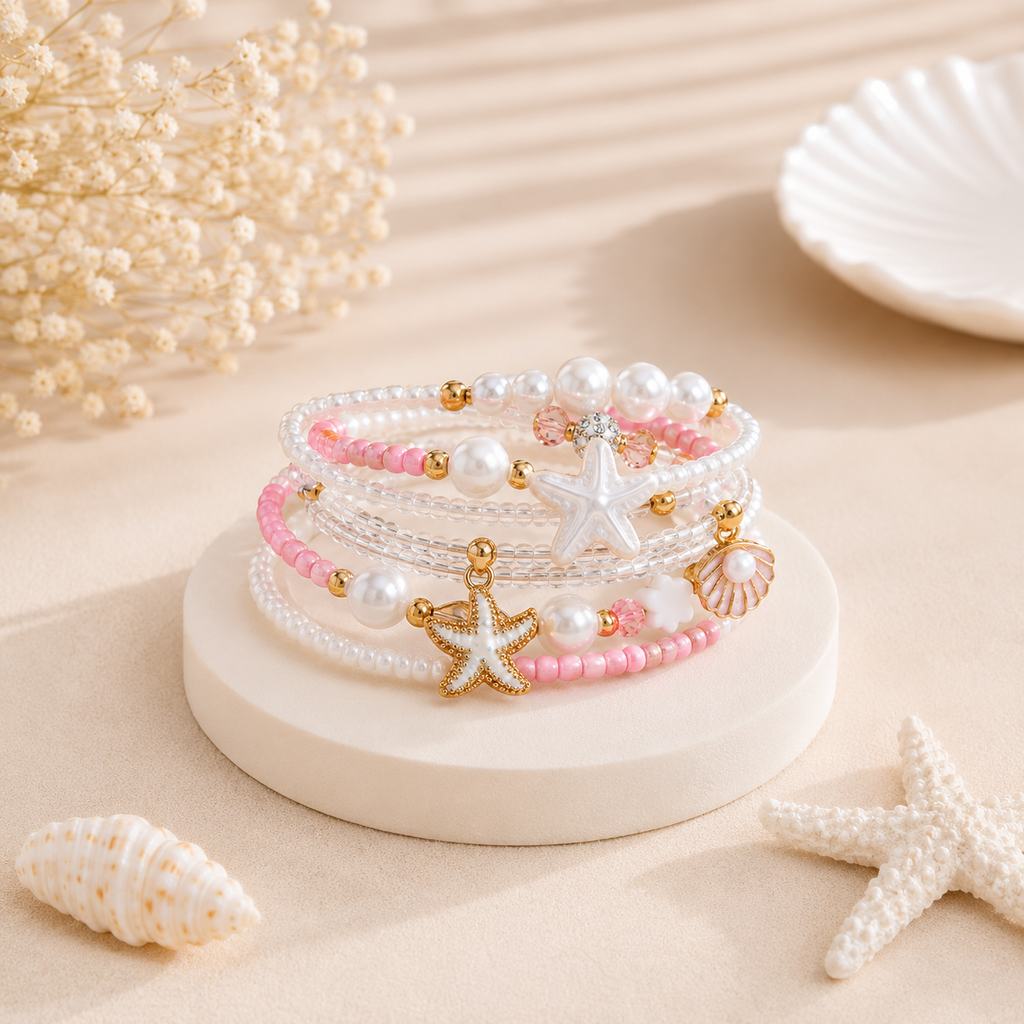 Pink Crystal Starfish Charm Layered Gold Pearl Beads Alloy Bracelet Bulk