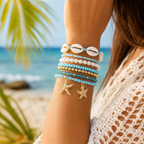 Blue Coastal Style Starfish Shell Layered Gold Pearl Beads Bracelet Bulk