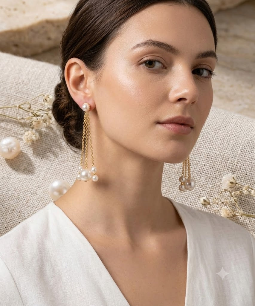 Elegant Gold Long Chain Triple White Faux Pearl Dangler Earrings Bulk