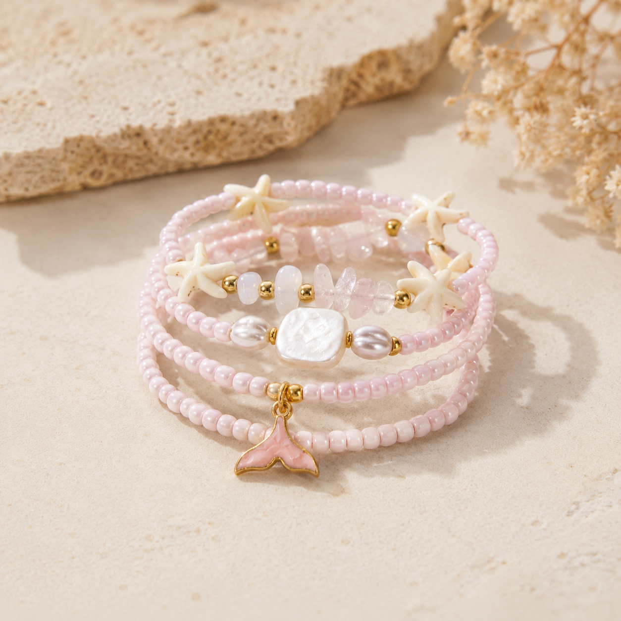 Pastel Coastal Style Starfish Layered Gold Beads Alloy Bracelet Bulk