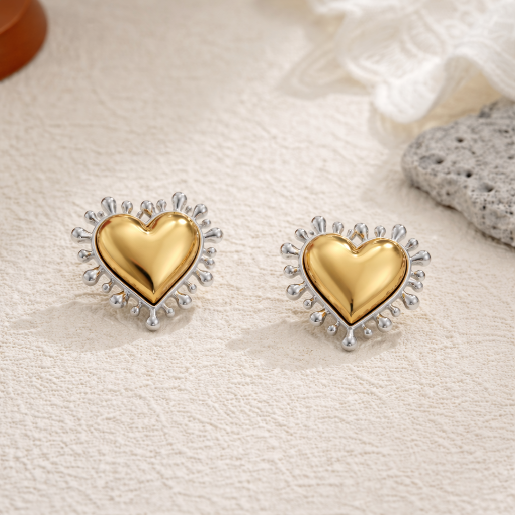 Heart Trendy Dual Tone Gold Silver Stainless Steel Stud Earrings Bulk Secondary image