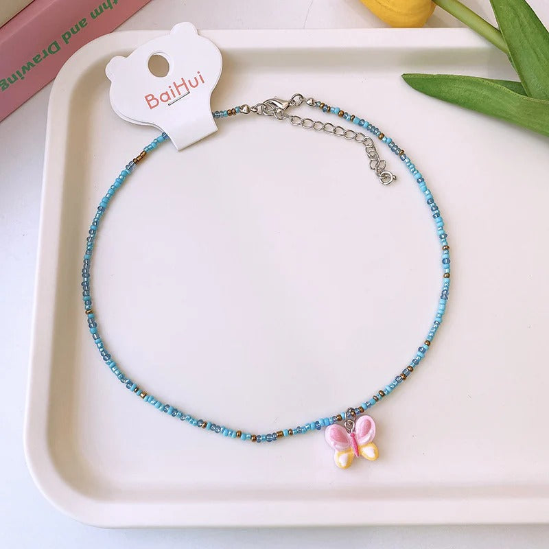 Pink Butterfly Silver Blue Black Beaded Charm Necklace Women Kids Bulk Secondary image