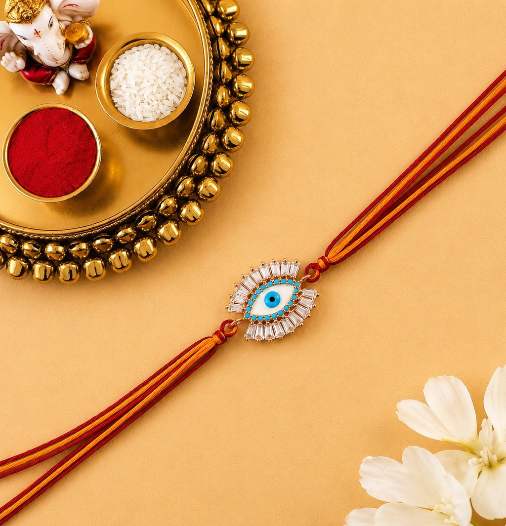 White Evil Eye Rose Gold Plated CZ Red Orange Thread Rakhi For Men Bulk
