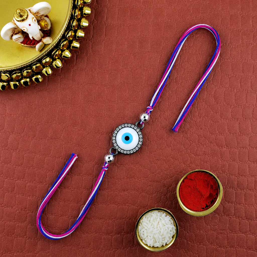 Round Evil Eye Black CZ Beads Pink Blue White Thread Rakhi For Men Bulk