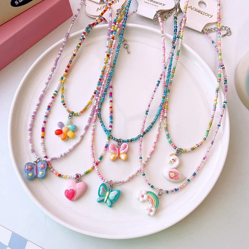 Pink Butterfly Silver Blue Black Beaded Charm Necklace Women Kids Bulk