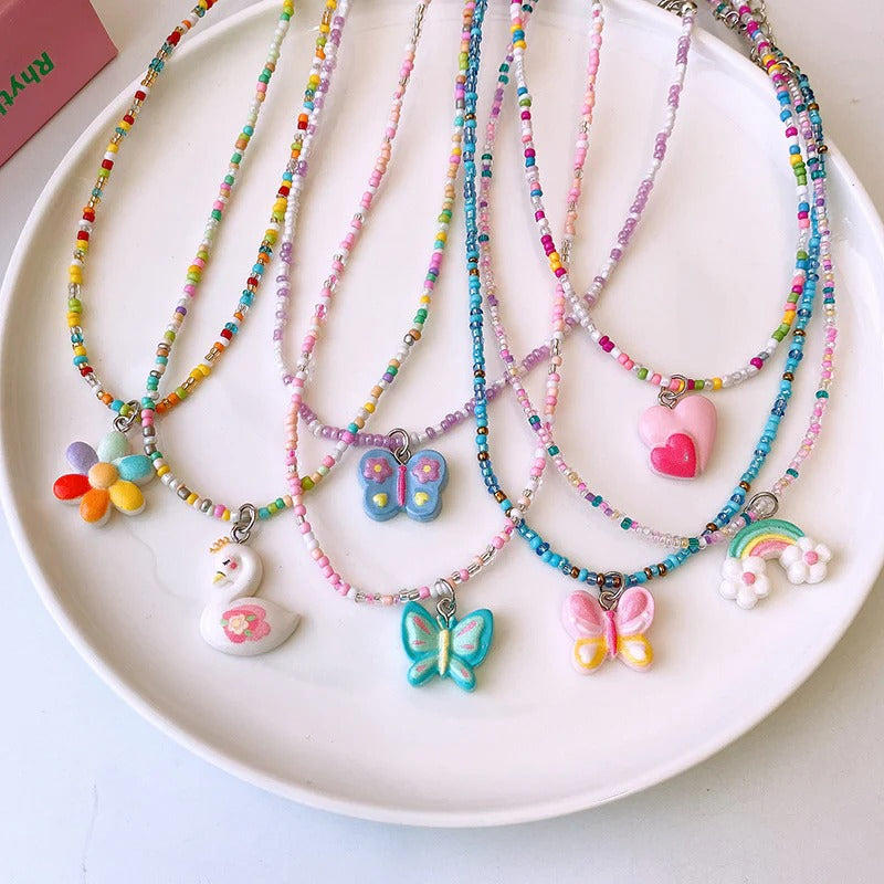 Pink Butterfly Silver Blue Black Beaded Charm Necklace Women Kids Bulk