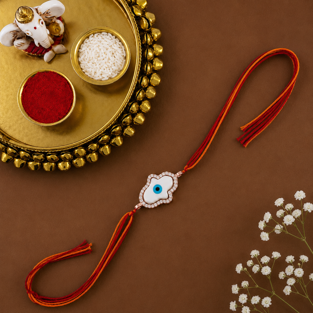 Floral Evil Eye Rose Gold Plated CZ Mother of Pearl Thread Rakhi Bulk
