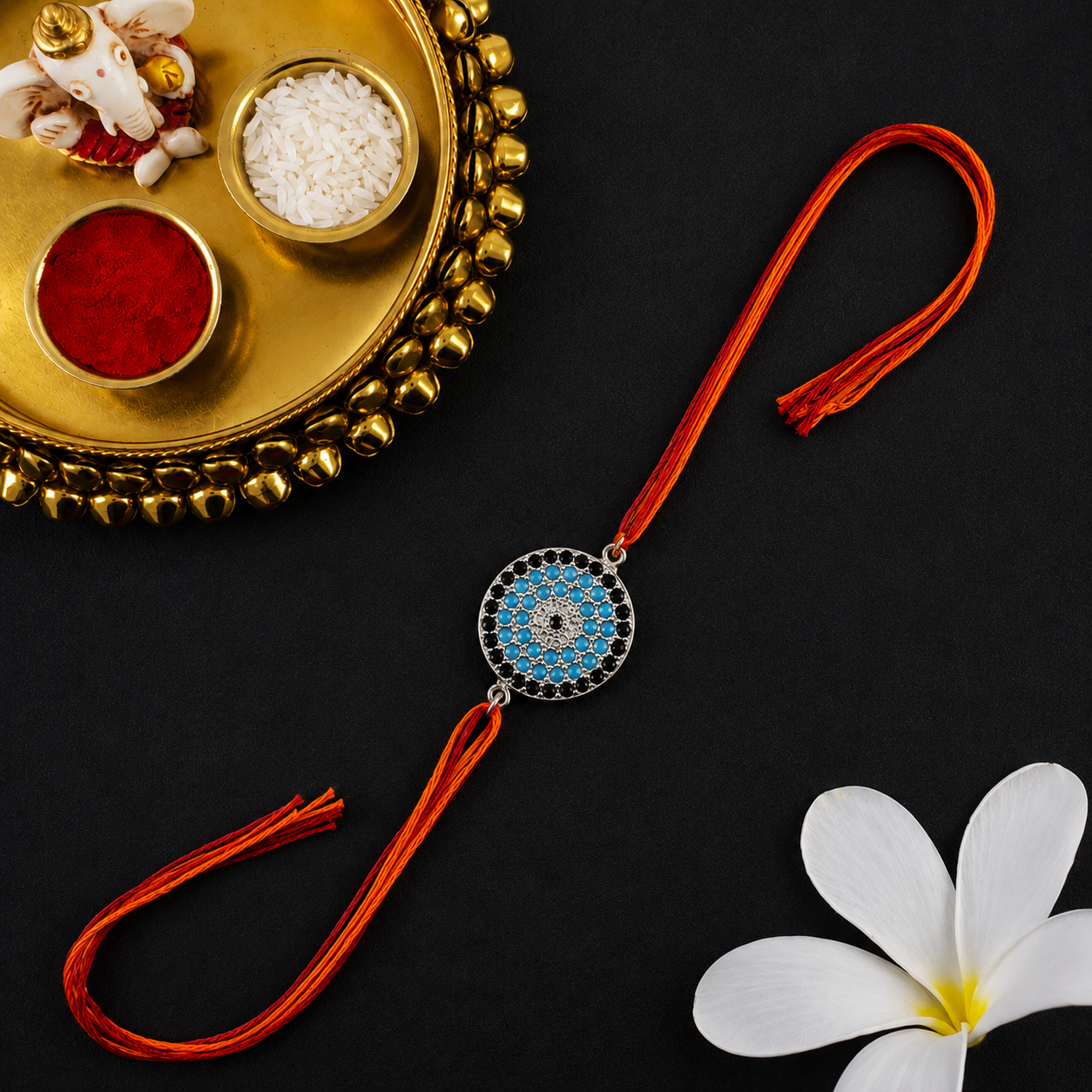 Round Evil Eye Silver Plated CZ Red Orange Thread Rakhi For Men Bulk