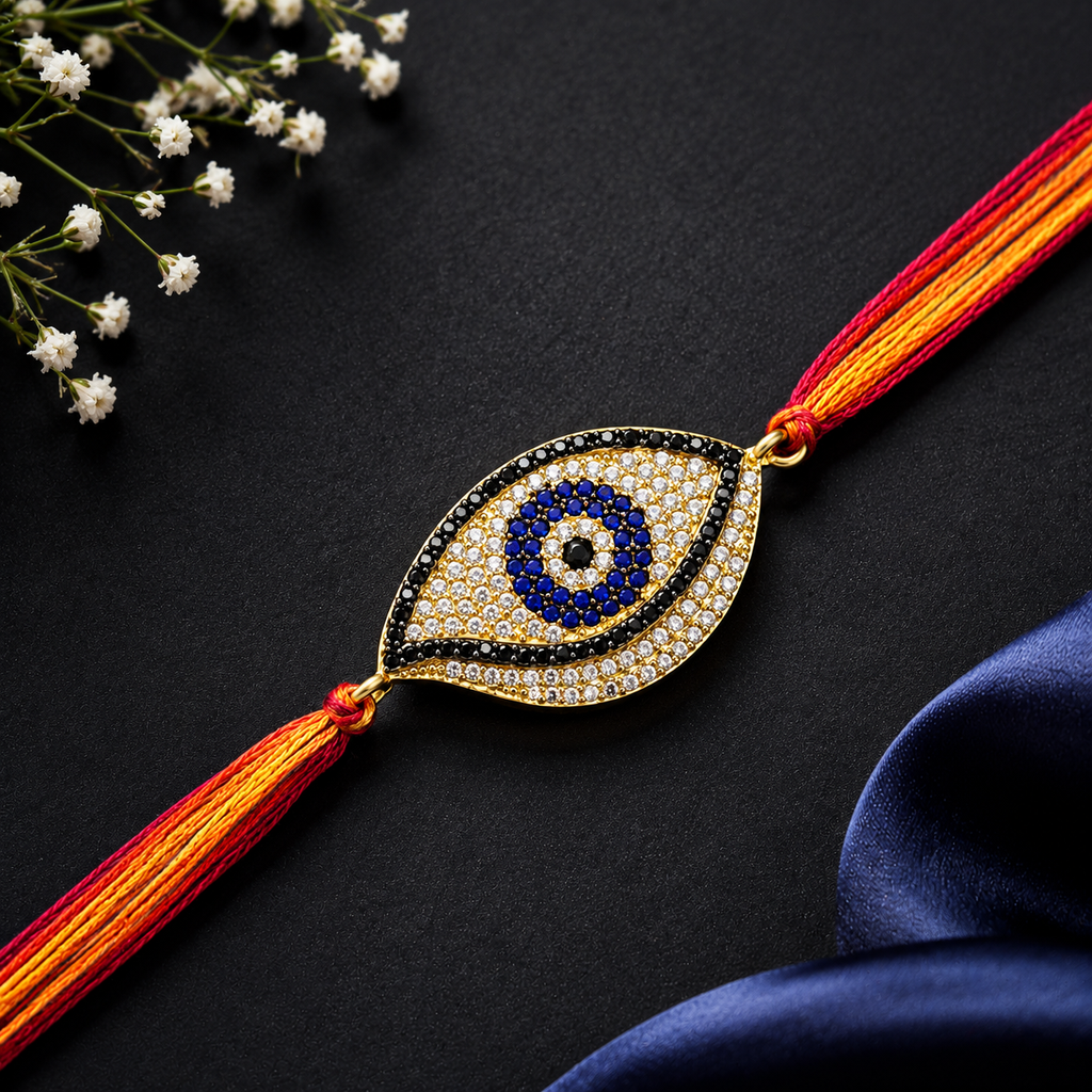 Designer Oval Evil Eye Black CZ Red Orange Thread Rakhi For Men Bulk