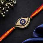 Designer Oval Evil Eye Black CZ Red Orange Thread Rakhi For Men Bulk